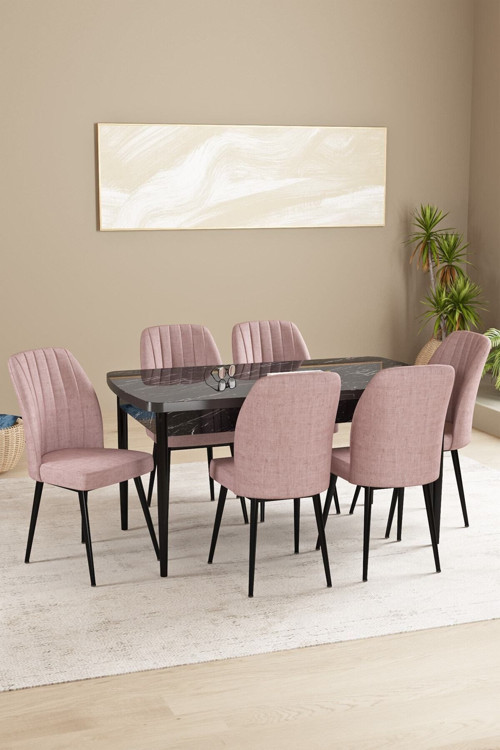 Floryn Mdf Siyah Mermer Desen Açılabilir 80X132 Cm 6 Sandalyeli Mutfak Masası Takımı