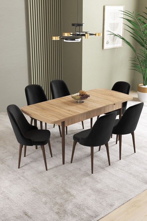 Ikon Meşe Desen 80X132 Mdf Açılabilir Mutfak Masası Takımı 6 Adet Sandalye