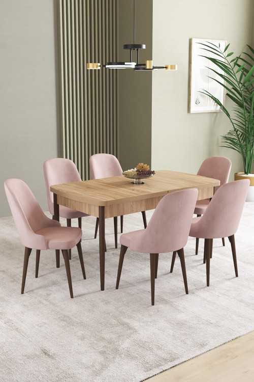 Ikon Meşe Desen 80X132 Mdf Açılabilir Mutfak Masası Takımı 6 Adet Sandalye