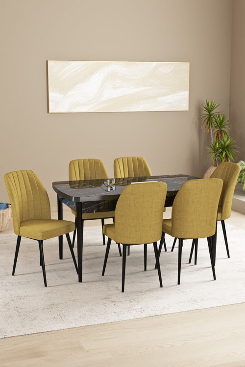 Floryn Mdf Siyah Mermer Desen Açılabilir 80X132 Cm 6 Sandalyeli Mutfak Masası Takımı