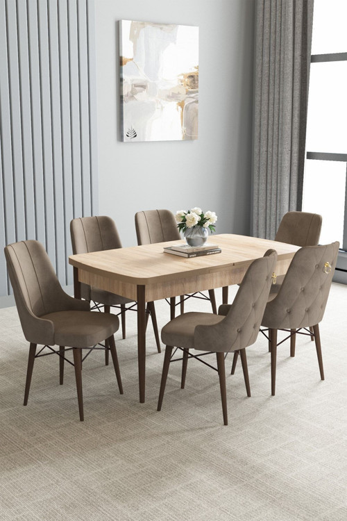 Jusie Meşe Desen 80X132 Açılabilir Yemek Odası Takımı 6 Adet Sandalye