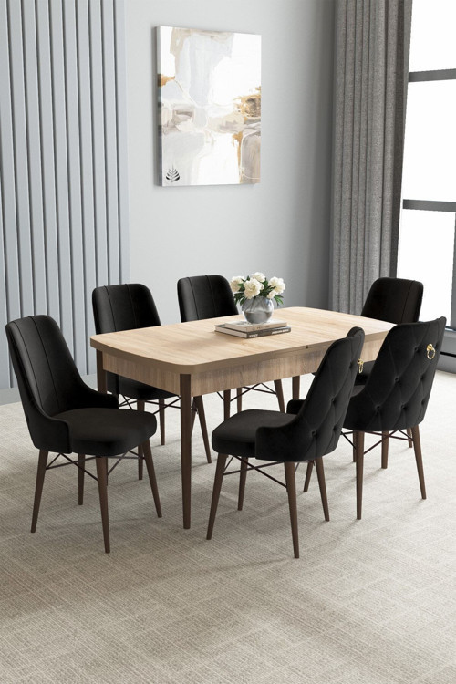 Jusie Meşe Desen 80X132 Açılabilir Yemek Odası Takımı 6 Adet Sandalye