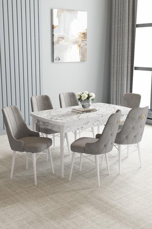 Arvela Beyaz Mermer Desen 80X132 Açılabilir Yemek Odası Takımı 6 Adet Sandalye