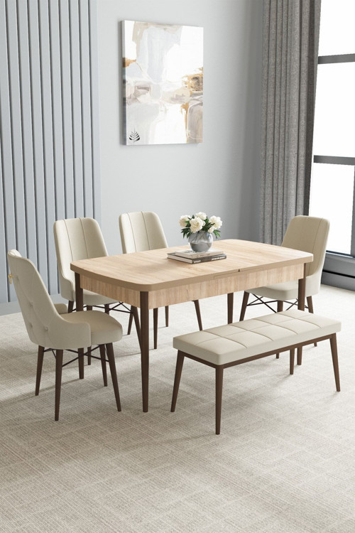 Jusie Meşe Desen 80X132 Açılabilir Yemek Odası Takımı 4 Sandalye, 1 Bench