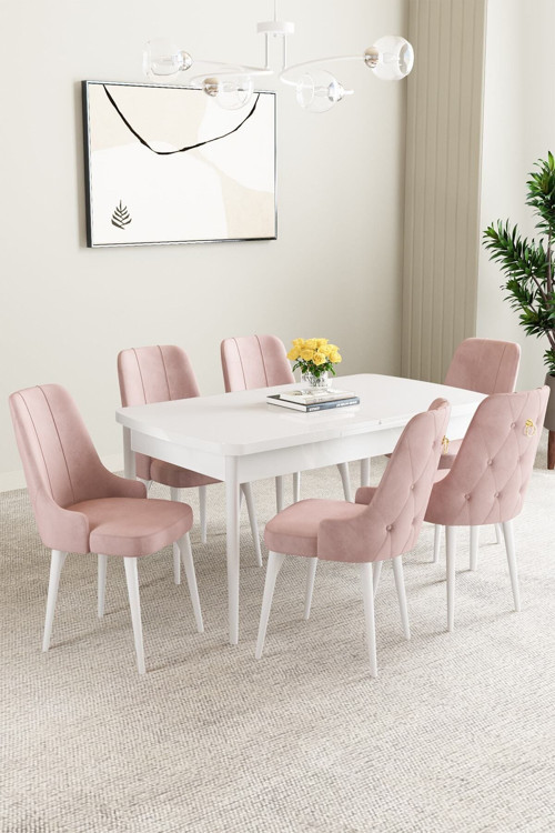 Mabel Beyaz Desen 80X132 Mdf Açılabilir Mutfak Masası Takımı 6 Adet Sandalye