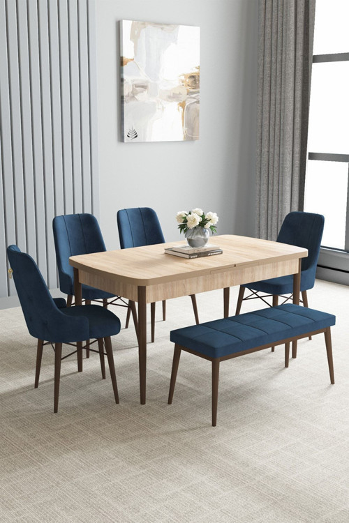 Jusie Meşe Desen 80X132 Açılabilir Yemek Odası Takımı 4 Sandalye, 1 Bench
