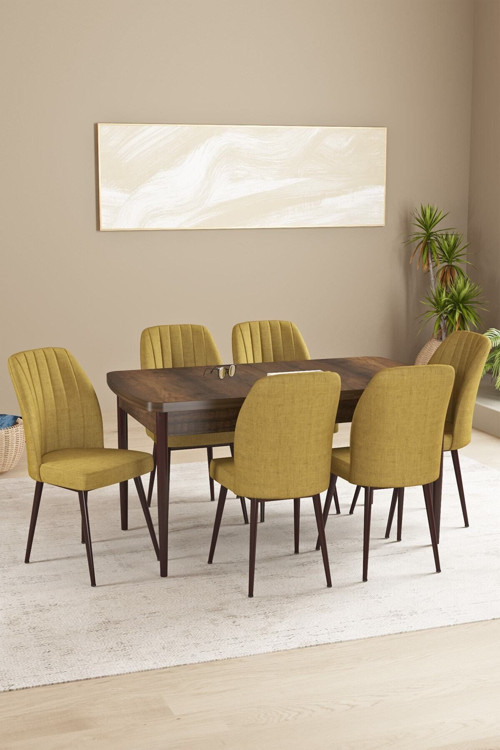 Floryn Mdf Barok Desen Açılabilir 80X132 Cm 6 Sandalyeli Mutfak Masası Takımı