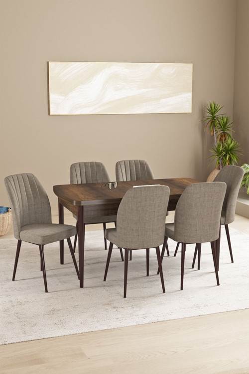 Floryn Mdf Barok Desen Açılabilir 80X132 Cm 6 Sandalyeli Mutfak Masası Takımı
