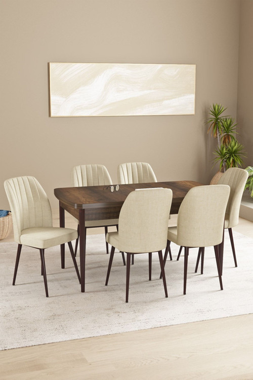 Floryn Mdf Barok Desen Açılabilir 80X132 Cm 6 Sandalyeli Mutfak Masası Takımı