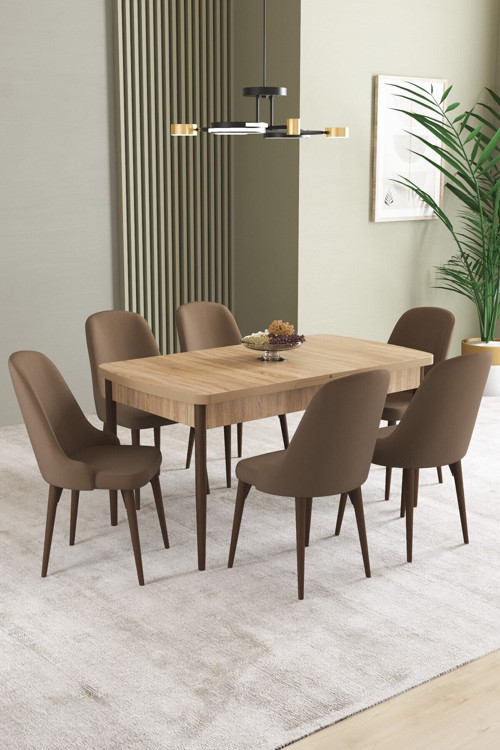 Ikon Meşe Desen 80X132 Mdf Açılabilir Yemek Masası Takımı 6 Adet Sandalye