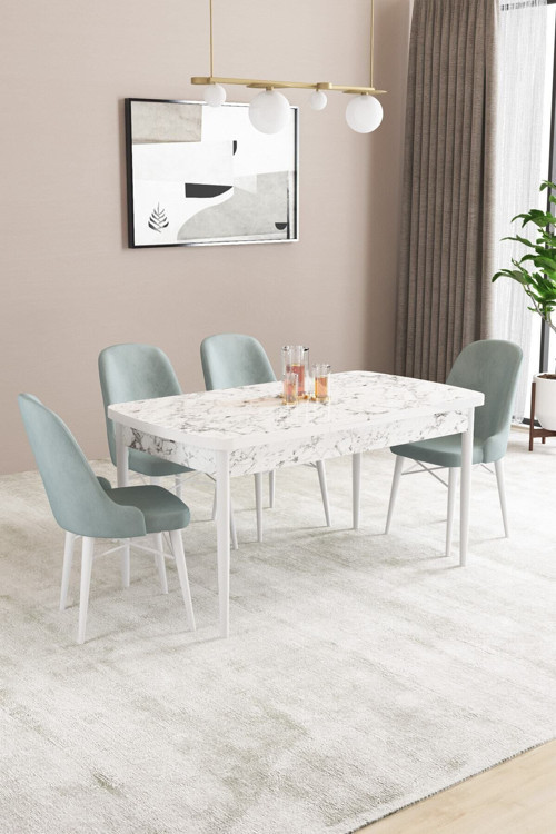 Elizya Mdf Beyaz Mermer Desen Açılabilir 70X114 Cm 4 Sandalyeli Mutfak Masası Takımı