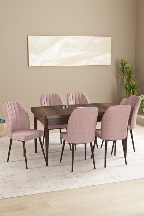 Floryn Mdf Barok Desen Açılabilir 80X132 Cm 6 Sandalyeli Mutfak Masası Takımı