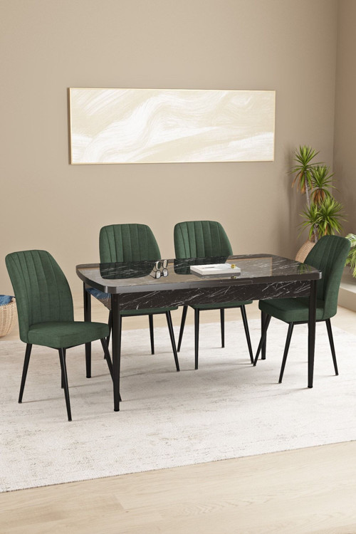 Floryn Mdf Siyah Mermer Desen Açılabilir 80X132 Cm 4 Sandalyeli Mutfak Masası Takımı