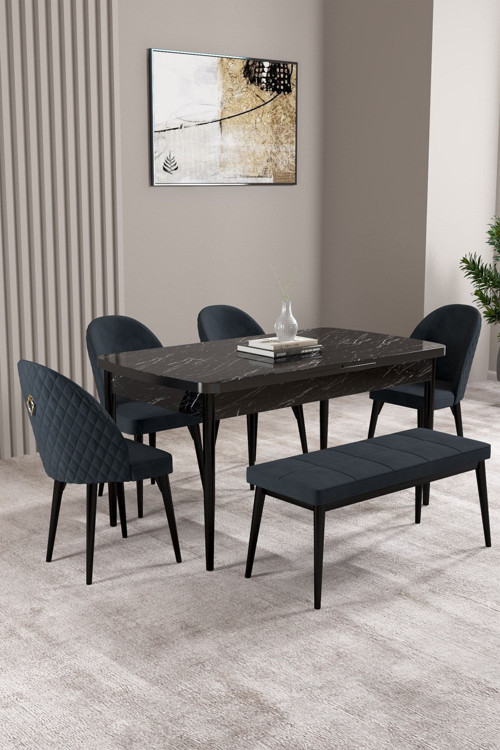 Milas Siyah Mermer Desen 80X132 Mdf Açılabilir Mutfak Masası Takımı 4 Sandalye, 1 Bench