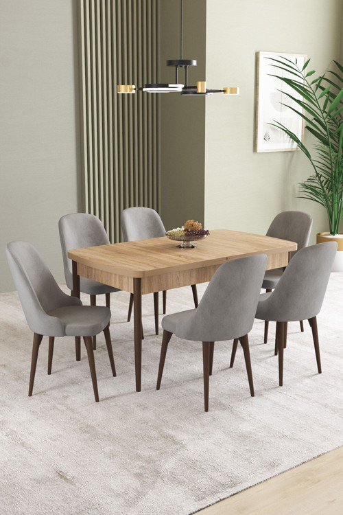 Ikon Meşe Desen 80X132 Mdf Açılabilir Yemek Masası Takımı 6 Adet Sandalye