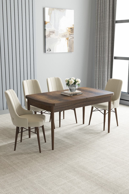 Mayer Mdf Barok Desen Açılabilir 70X114 Cm 4 Sandalyeli Mutfak Masası Takımı