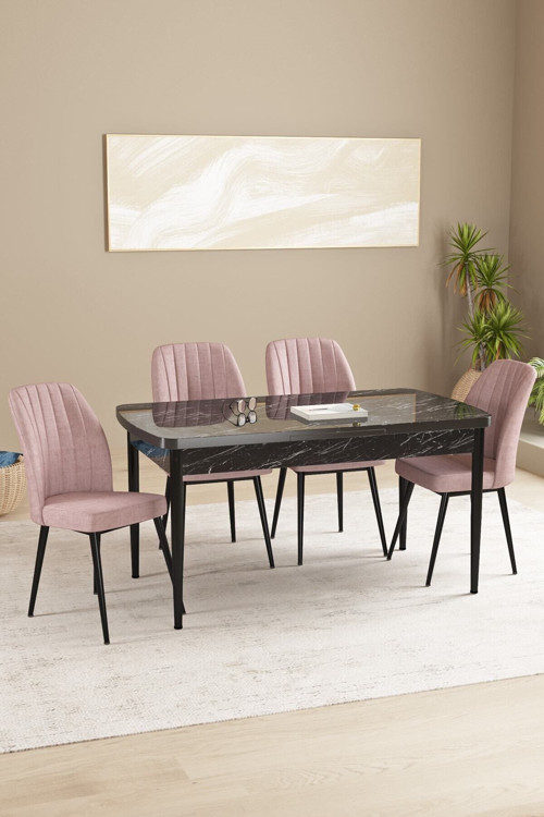Floryn Mdf Siyah Mermer Desen Açılabilir 80X132 Cm 4 Sandalyeli Mutfak Masası Takımı