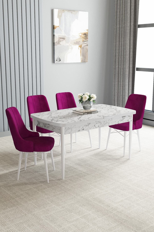 Mayer Mdf Beyaz Mermer Desen Açılabilir 70X114 Cm 4 Sandalyeli Mutfak Masası Takımı