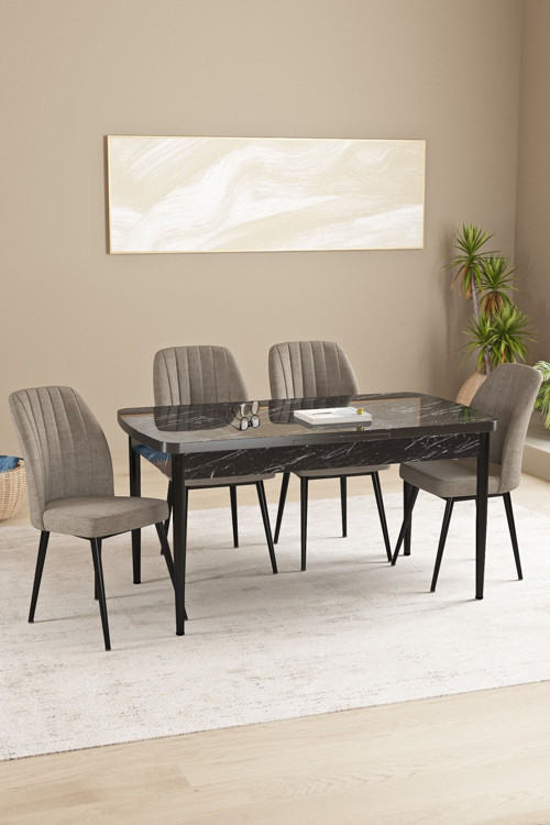 Floryn Mdf Siyah Mermer Desen Açılabilir 80X132 Cm 4 Sandalyeli Mutfak Masası Takımı
