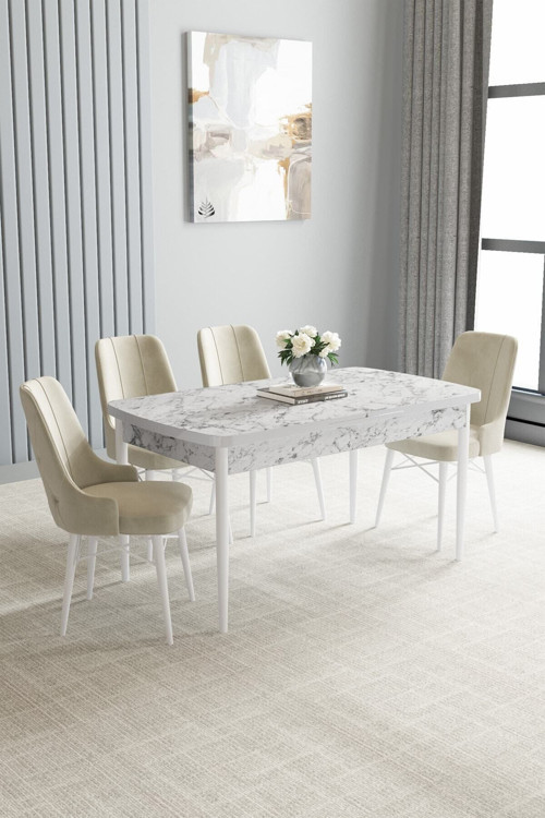 Mayer Mdf Beyaz Mermer Desen Açılabilir 70X114 Cm 4 Sandalyeli Mutfak Masası Takımı