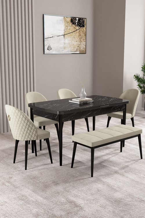 Milas Siyah Mermer Desen 80X132 Mdf Açılabilir Mutfak Masası Takımı 4 Sandalye, 1 Bench