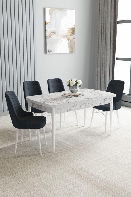 Arvela Beyaz Mermer Desen 80X132 Açılabilir Yemek Odası Takımı 4 Adet Sandalye