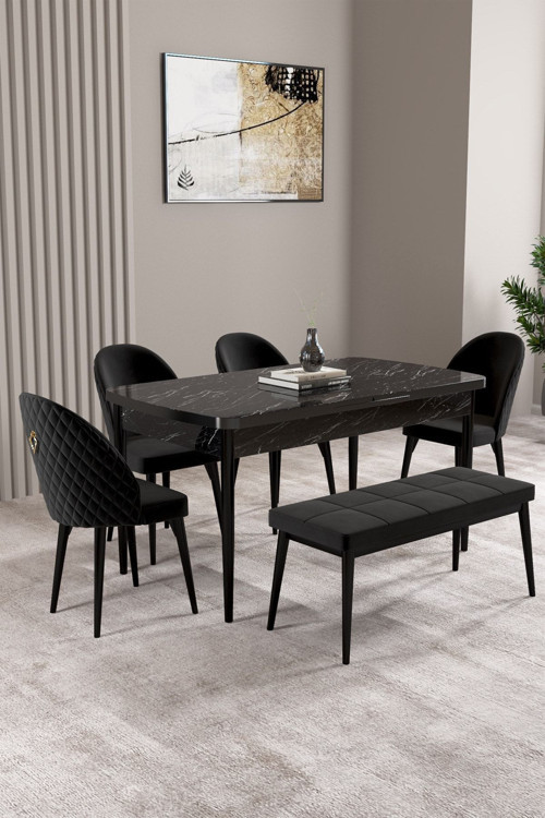 Milas Siyah Mermer Desen 80X132 Mdf Açılabilir Mutfak Masası Takımı 4 Sandalye, 1 Bench