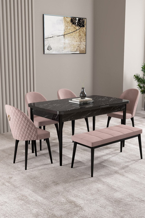 Milas Siyah Mermer Desen 80X132 Mdf Açılabilir Mutfak Masası Takımı 4 Sandalye, 1 Bench