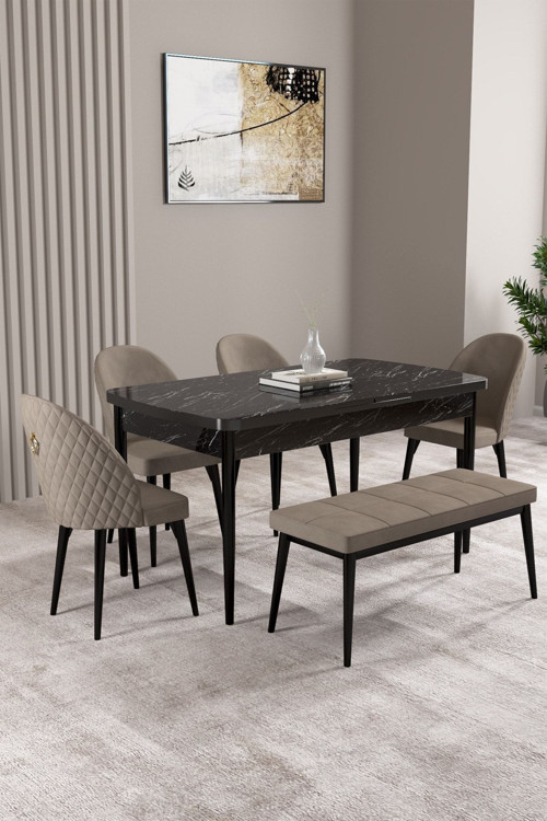 Milas Siyah Mermer Desen 80X132 Mdf Açılabilir Mutfak Masası Takımı 4 Sandalye, 1 Bench