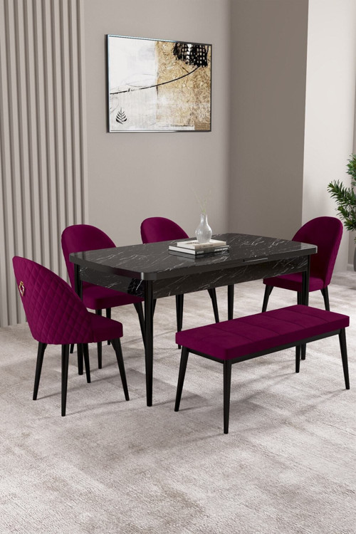 Milas Siyah Mermer Desen 80X132 Mdf Açılabilir Mutfak Masası Takımı 4 Sandalye, 1 Bench