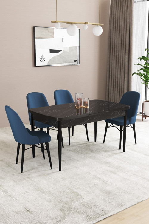 Elizya Mdf Siyah Mermer Desenaçılabilir 80X132 Cm 4 Sandalyeli Mutfak Masası Takımı