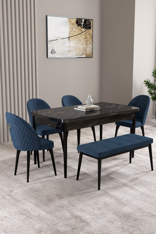 Milas Siyah Mermer Desen 80X132 Mdf Açılabilir Mutfak Masası Takımı 4 Sandalye, 1 Bench