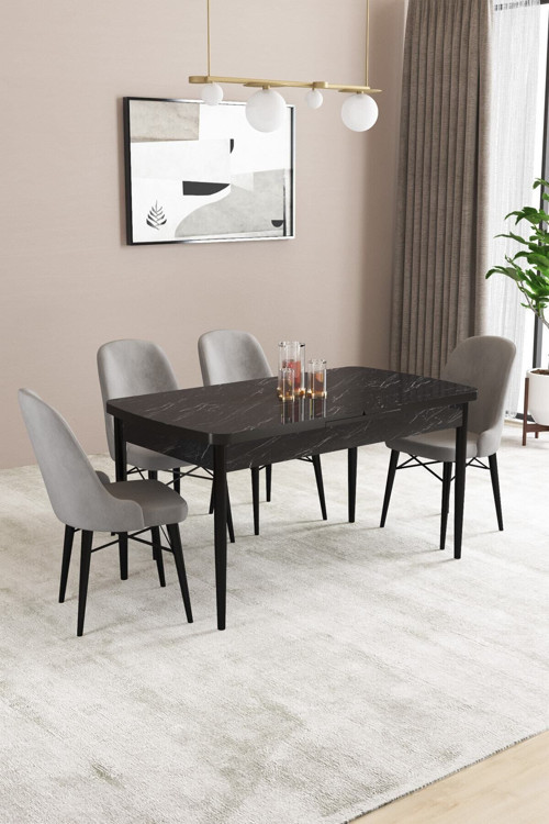 Elizya Mdf Siyah Mermer Desen Açılabilir 80X132 Cm 4 Sandalyeli Mutfak Masası Takımı