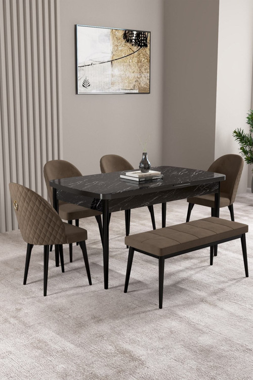 Milas Siyah Mermer Desen 80X132 Mdf Açılabilir Mutfak Masası Takımı 4 Sandalye, 1 Bench
