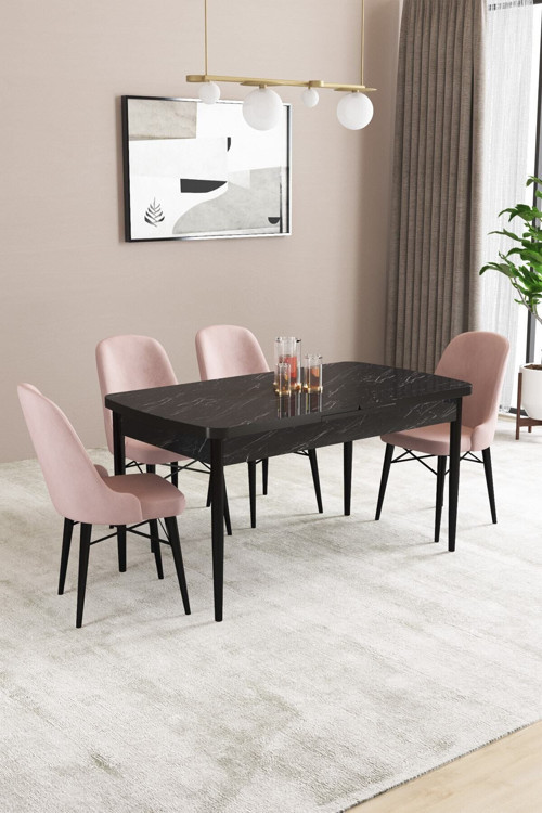 Elizya Mdf Siyah Mermer Desenaçılabilir 80X132 Cm 4 Sandalyeli Mutfak Masası Takımı