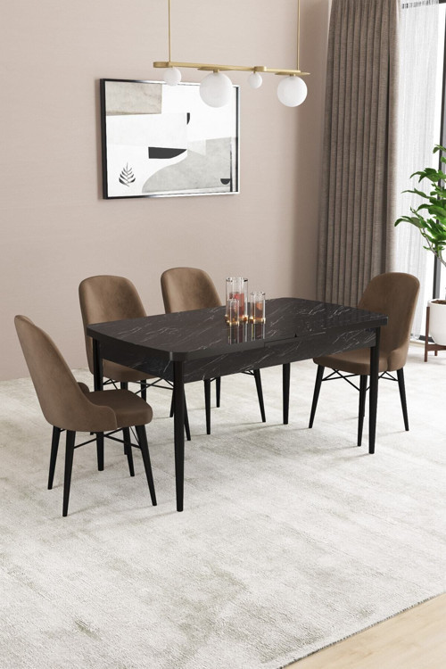 Elizya Mdf Siyah Mermer Desen Açılabilir 80X132 Cm 4 Sandalyeli Mutfak Masası Takımı