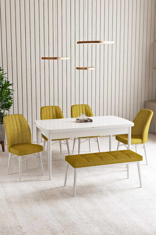 Lara Beyaz 80 X 132 Açılabilir Mdf Mutfak Masası 4 Sandalye, 1 Bench