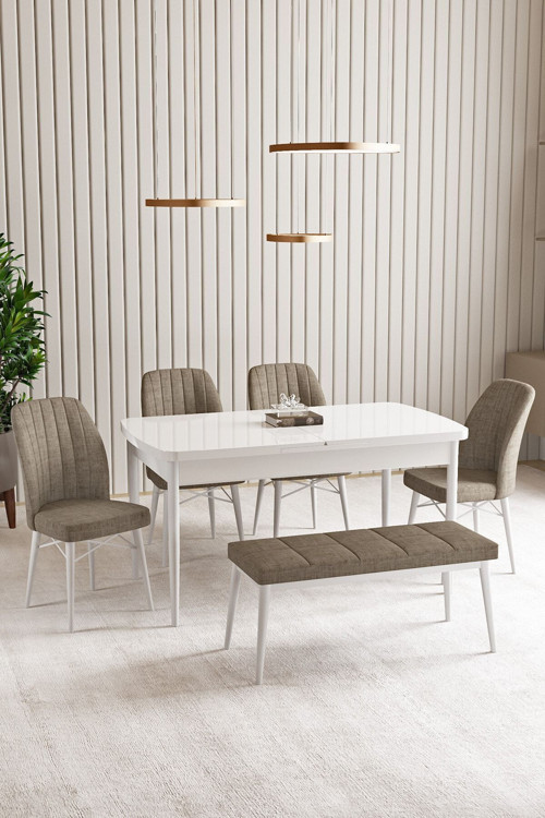 Lara Beyaz 80 X 132 Açılabilir Mdf Mutfak Masası 4 Sandalye, 1 Bench