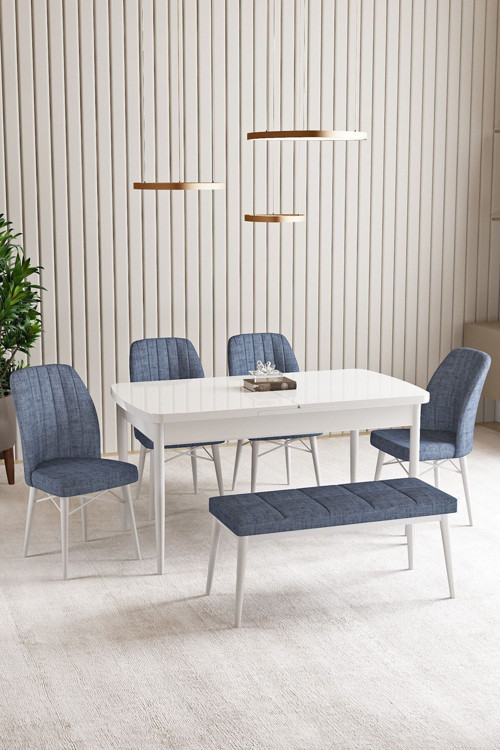 Lara Beyaz 80 X 132 Açılabilir Mdf Mutfak Masası 4 Sandalye, 1 Bench
