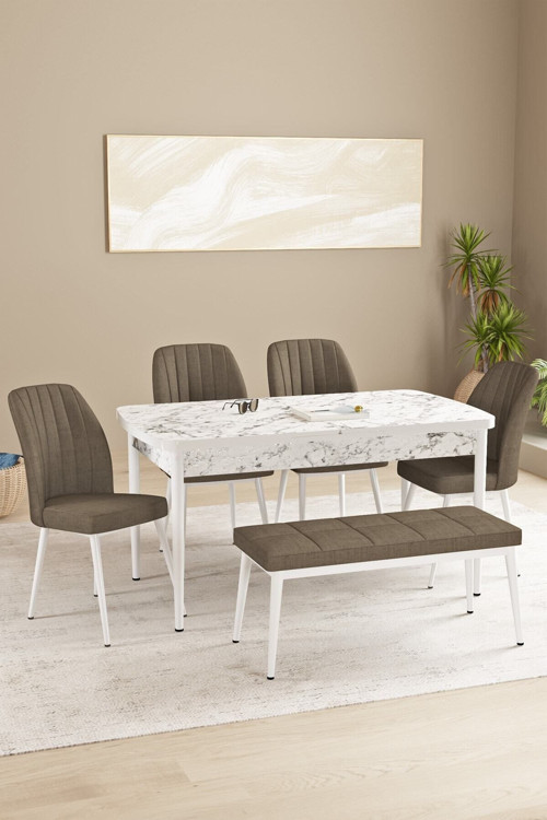 Floryn Mdf Beyaz Mermer Desen Açılabilir 80X132 Cm 4 Sandalyeli Benchli Mutfak Masası Takımı