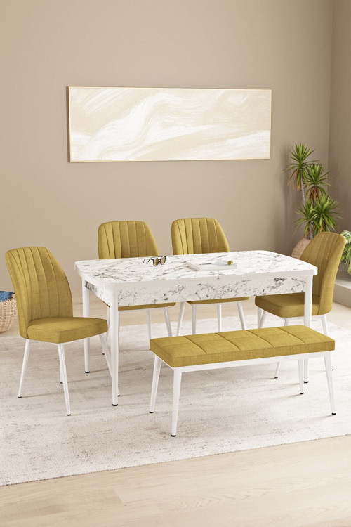 Floryn Mdf Beyaz Mermer Desen Açılabilir 80X132 Cm 4 Sandalyeli Benchli Mutfak Masası Takımı