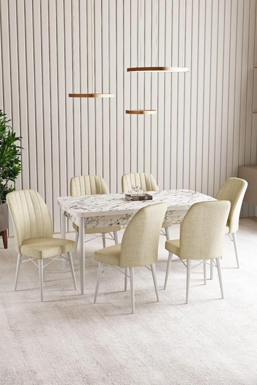 Vien Beyaz Mermer Desen 80 X 132 Açılabilir Mdf Mutfak Masası 6 Adet Sandalye