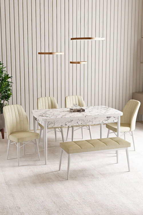 Lara Beyaz Mermer Desen 80 X 132 Açılabilir Mdf Mutfak Masası 4 Sandalye, 1 Bench