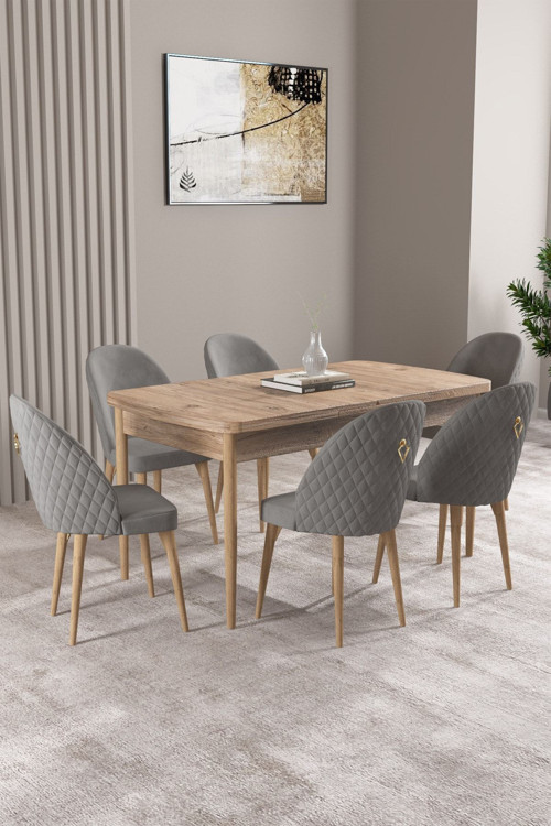 Milas Atlantik Çam 80X132 Mdf Açılabilir Mutfak Masası Takımı 6 Adet Sandalye