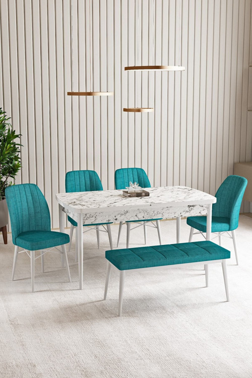 Lara Beyaz Mermer Desen 80 X 132 Açılabilir Mdf Mutfak Masası 4 Sandalye, 1 Bench