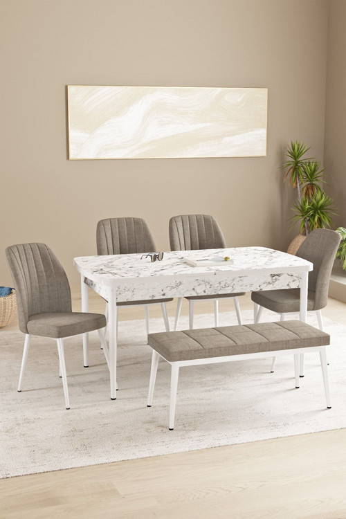 Floryn Mdf Beyaz Mermer Desen Açılabilir 80X132 Cm 4 Sandalyeli Benchli Mutfak Masası Takımı