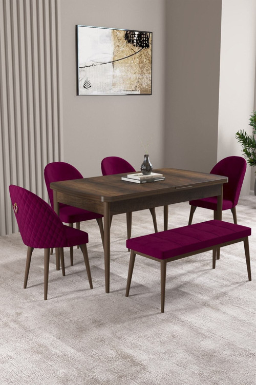 Milas Barok Desen 80X132 Mdf Açılabilir Yemek Masası Takımı 4 Sandalye, 1 Bench