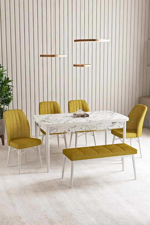 Lara Beyaz Mermer Desen 80 X 132 Açılabilir Mdf Mutfak Masası 4 Sandalye, 1 Bench