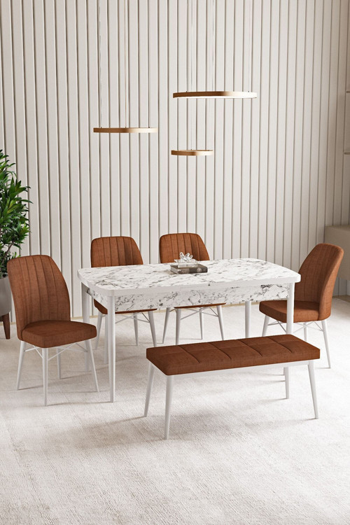 Lara Beyaz Mermer Desen 80 X 132 Açılabilir Mdf Mutfak Masası 4 Sandalye, 1 Bench