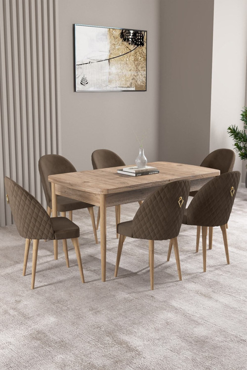 Milas Atlantik Çam 80X132 Mdf Açılabilir Mutfak Masası Takımı 6 Adet Sandalye